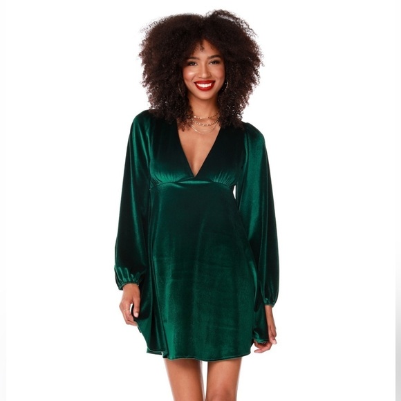 bobi Dresses & Skirts - Bobi BLACK | Babydoll Empire Waist Balloon Sleeve Velour Mini Dress Hunter